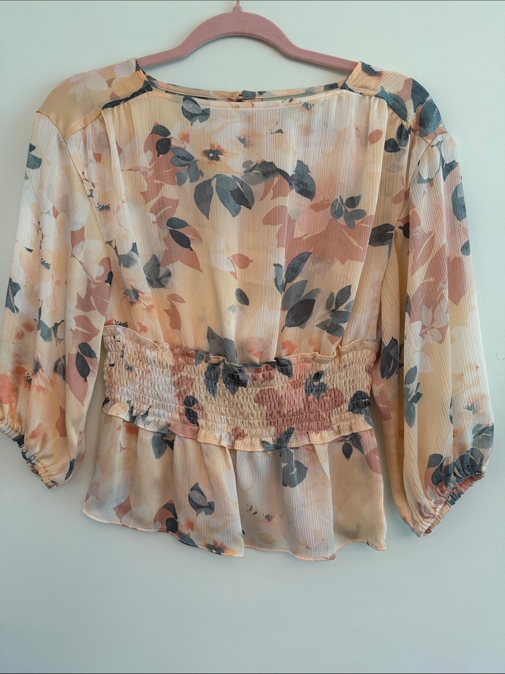 Smocked-Waist Floral Blouse in Cream and peaches